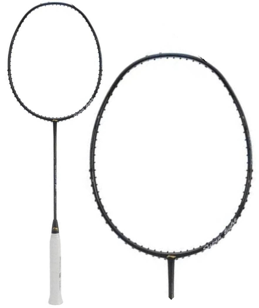 Two Li-Ning Windstorm 79H badminton rackets with black frames and white grips are displayed, one fully visible while the other is partially obscured. The ultralight construction of these rackets, featuring oval heads and slim frames, stands out against the white background.
