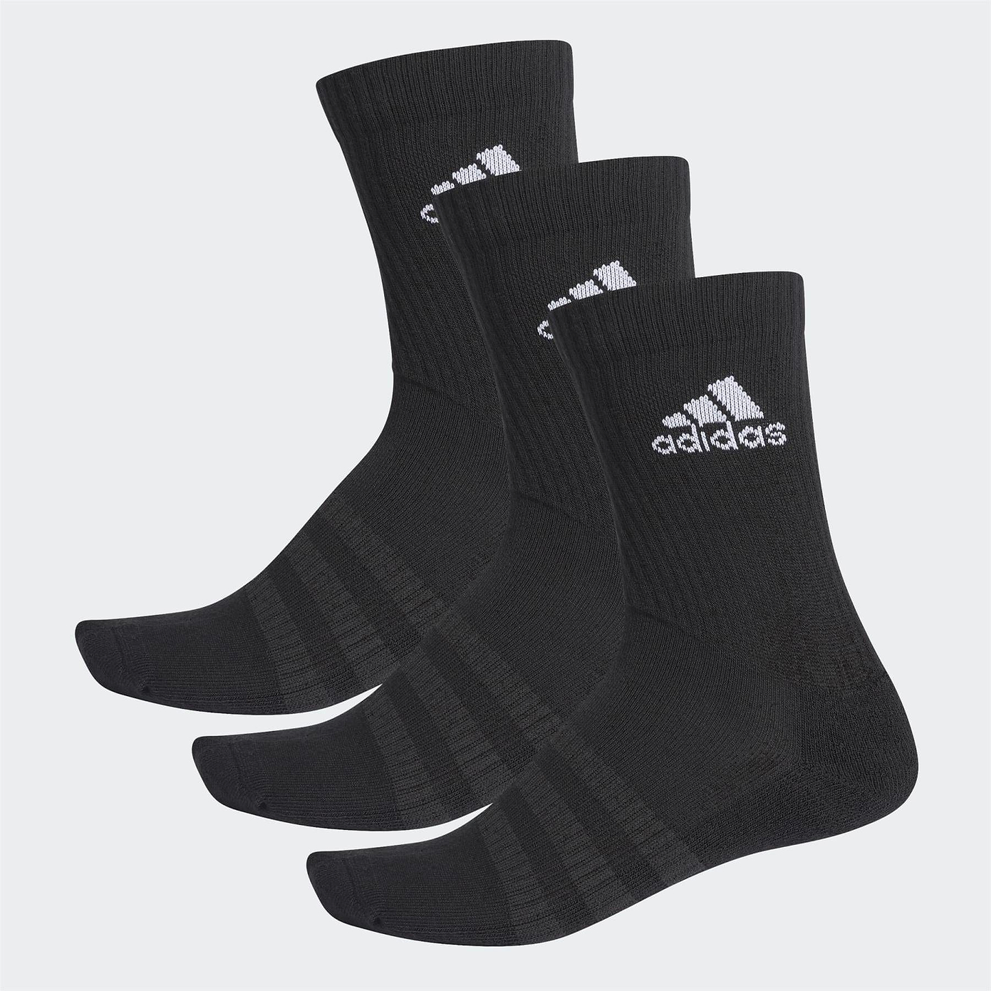 A pack of three pairs of black Adidas Cushion Crew Sports Socks, each showcasing the iconic white adidas logo on the ankle for an athletic appearance. These socks have ribbed tops for a comfortable and secure fit and are displayed against a light gray background.