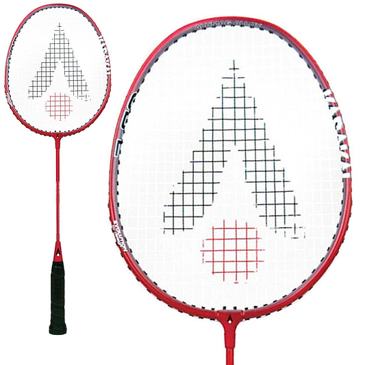 Introducing the Karakal CB-2 Junior Badminton Racket in red by Karakal, which boasts an aluminium head and a black grip. The striking red and black design on the strings is complemented by its isometric head that highlights a prominent, intricate string pattern.