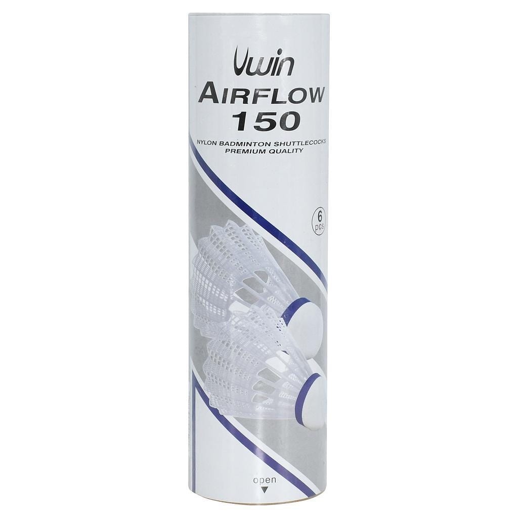 A cylindrical container labeled "Uwin Airflow 150" holds six durable white nylon badminton shuttlecocks. Designed for training and club use, the label showcases the brand "Uwin" and guarantees "Premium Quality.