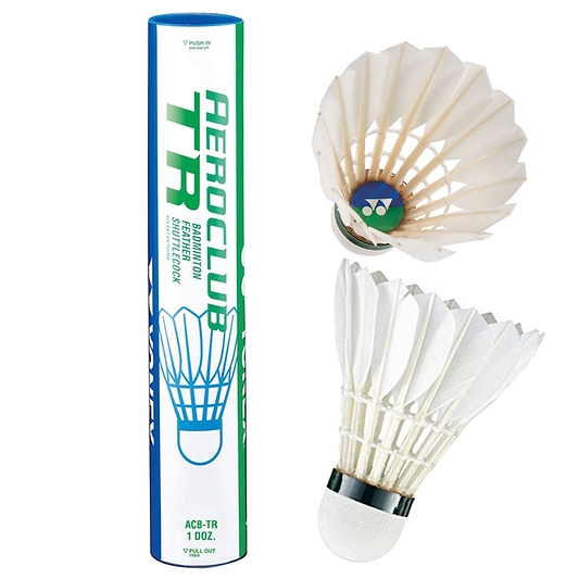 Image of a Yonex Aero Club TR shuttlecock tube with a shuttlecock beside it. The blue, green, and white tube reads "AEROCLUB TR" and "ACB-TR 1 DOZ." The shuttlecock boasts a cork base with duck feathered tips, promising high performance on the court.