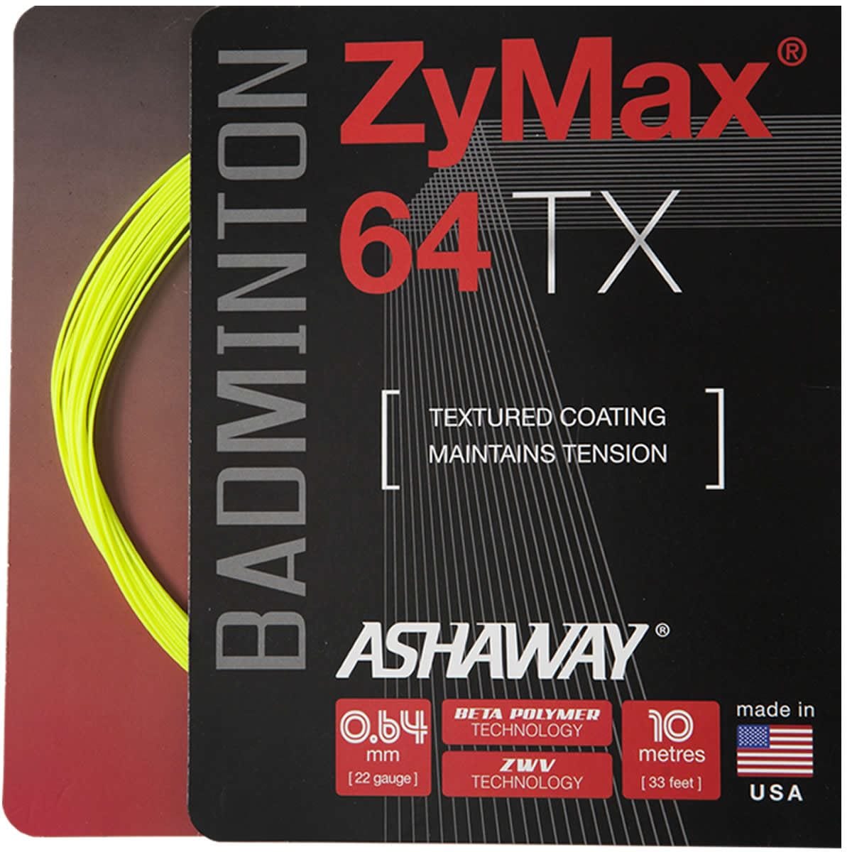Image of the Ashaway Zymax 64 TX badminton strings packaging. The design features a partially visible bright yellow string with text emphasizing its characteristics: textured coating, 0.64 mm thickness, 10 meters length, crafted with Beta Polymer fibers and utilizing ZyWeave string technology, made in the USA.