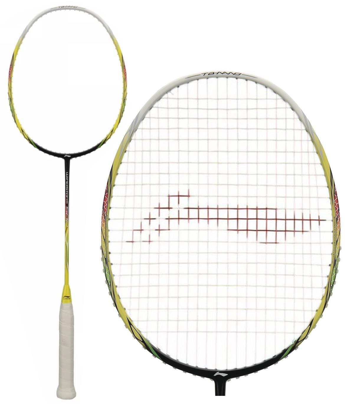 A close-up of the Li-Ning Windstorm 500 Badminton Racket, featuring a yellow and black frame with red strings, showcases power and speed. The racket is depicted from the side and front, highlighting its sleek design and string pattern, making it perfect for enhancing your game on the court.