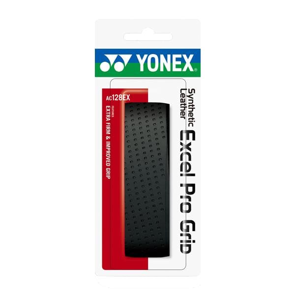 The Yonex AC128EX Synthetic Leather Excel Pro Grip - Black features a textured black synthetic leather design, making it an excellent badminton grip for improved handling. Highlighting attributes such as "Extra Firm & Improved Grip," it offers players unmatched stability and precision. For those aiming for superior performance, the Yonex AC128EX sets the benchmark in quality grips.