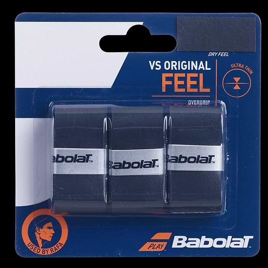 The Babolat VS Original X3 Badminton Overgrip - Black, perfect for both tennis and badminton players, comes in a pack of three overgrips adorned with the Babolat logo. Emphasizing its "Dry Feel" and "Ultra Thin" characteristics, it offers exceptional comfort. The packaging includes a small circular image of a silhouette of a tennis player.