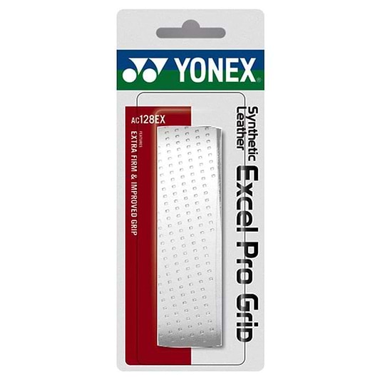 Packaging of the Yonex AC128EX Synthetic Leather Excel Pro Grip in white, a badminton grip by Yonex, highlighting its "extra firm & improved grip".
