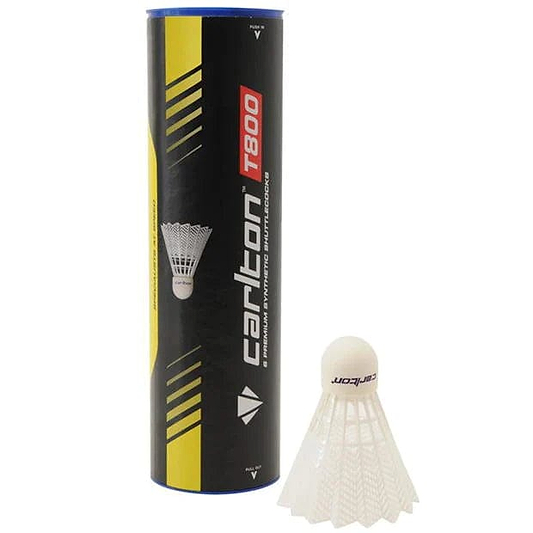 Next to a white synthetic badminton shuttlecock is a cylindrical tube labeled "Carlton T800 White Medium Badminton Nylon Shuttles / Shuttlecocks - Tube 6." The black tube, featuring yellow accents, is ideal for club use as it contains durable shuttlecocks designed for consistent play.