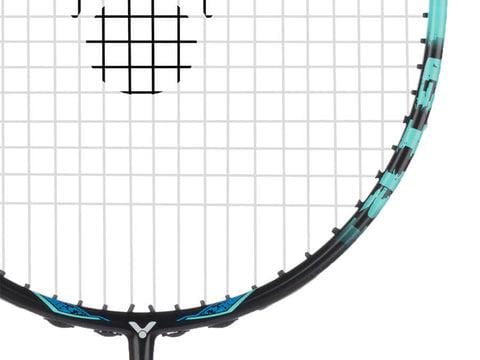 The head of the Victor Thruster Onigiri Badminton Racket (Frame Only) - Blue / Black, made by Victor, is highlighted with its black and turquoise details on the frame and tightly interwoven strings. This advanced-level power racket features Core Shell Rubber technology. A small logo appears on the bottom part against a plain white background.