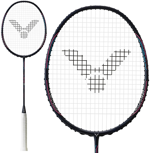 Close-up and full view of the Victor Drive X 9X Badminton Racket - Sapphire, ideal for advanced players. This racket features a white handle and black frame with a string pattern that showcases a distinctive logo-like design.