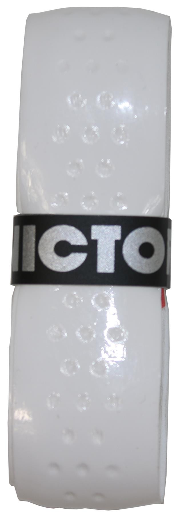 The Victor Soft Grip Replacement Badminton Grip - White (single) is designed with small, raised dots to enhance control and features a sleek black band with "VICTOR" in metallic letters. Its self-adhesive design and Victor finishing tape combine style with functionality.