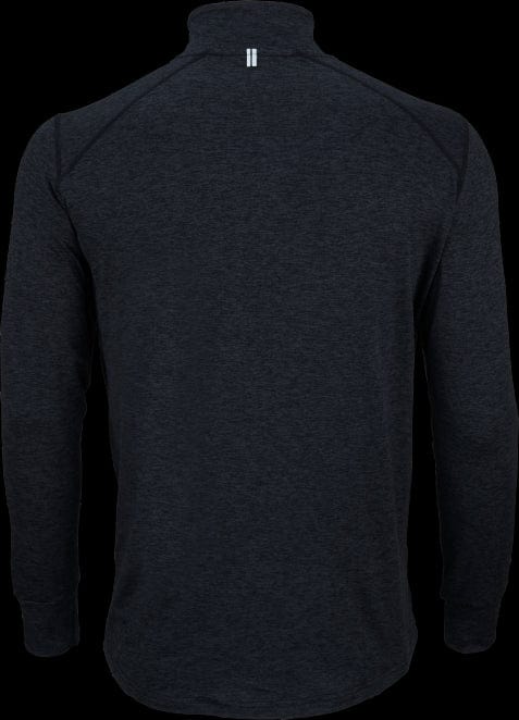 The Victor Badminton Longsleeve Black Melánge 5929 Top by Victor showcases a high collar with a small white double-line design at the back center. Made from lightweight, soft, and slightly textured fabric, it resembles the comfort of a tracksuit.