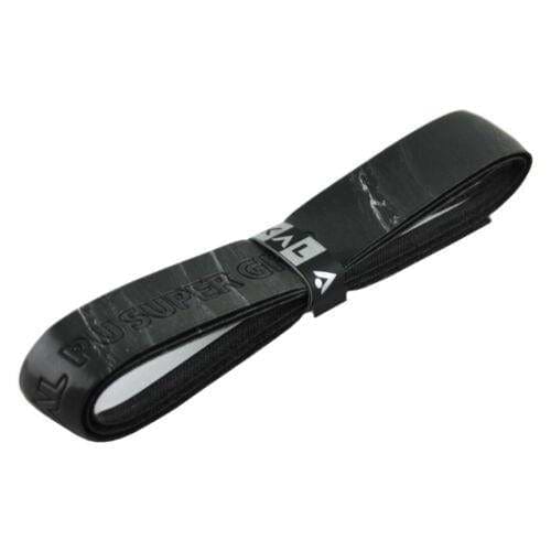 Black Karakal PU Badminton Super Grip with embossed text "PS SUPER GR," neatly rolled and secured, perfect for transitioning from ski slopes to racket sports.