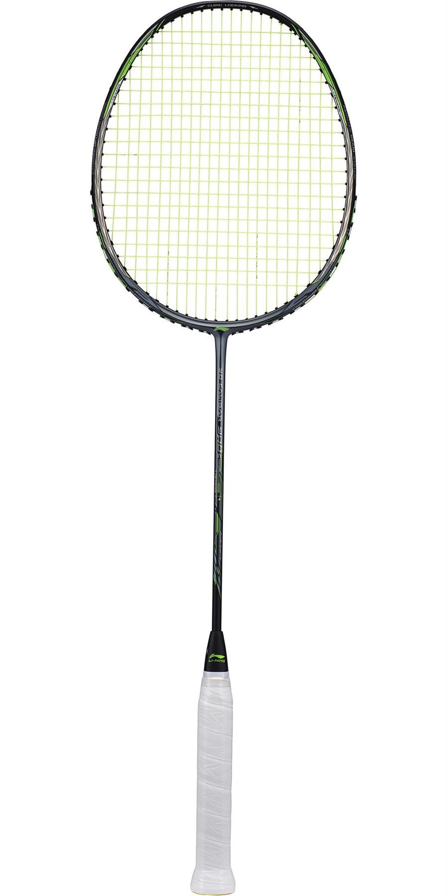 A grey and green Li-Ning 3D Calibar 900 Combat Badminton Racket with 3D Calibar Technology, equipped with green strings and a white grip, displayed against a white background.