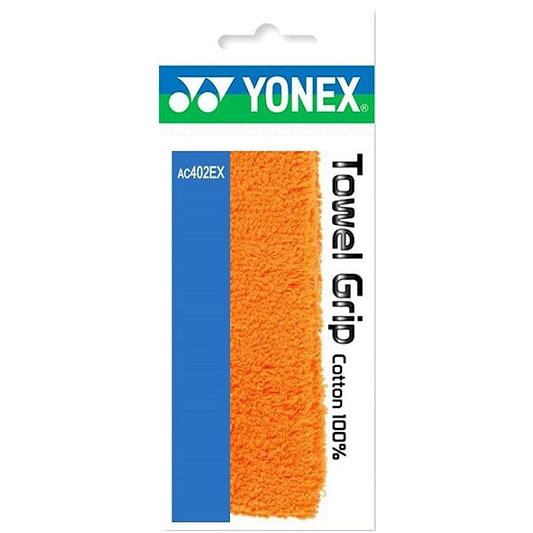 The image displays a Yonex AC402EX Badminton Towel Grip package featuring a vivid orange grip, celebrated for its superior absorbency. The package features the Yonex logo, model number AC402EX, and prominently states "Towel Grip 100% Cotton.