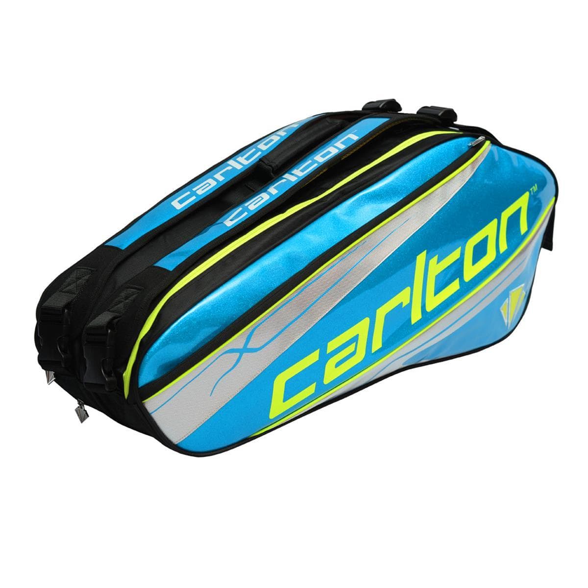 Introducing the Carlton Kinesis Tour 2 Comp 6 Piece Racket Bag in Blue and Silver. This spacious bag, branded with "Carlton," features two compartments with black zippers and a striking neon green stripe, perfect for efficiently storing all your sports equipment.