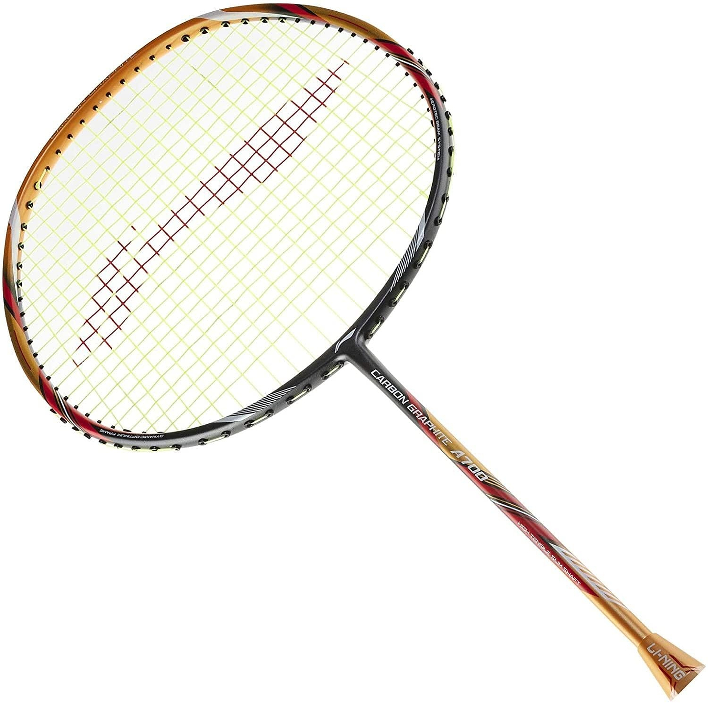 The Li-Ning Carbon Series A700 Badminton Racket features a gold and black frame, dynamic-optimum white stringing with red patterns, and a multicolored shaft showcasing striking red and gold hues. The prominently displayed text "Carbon Series" emphasizes its advanced carbon graphite construction.