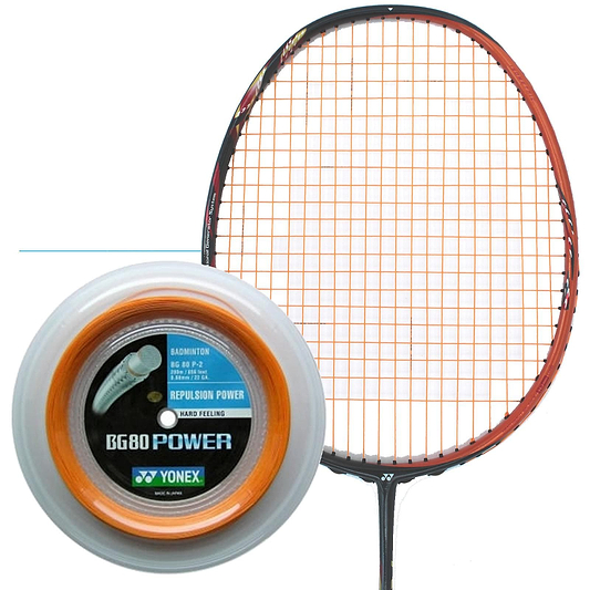 A Yonex BG 80P Badminton Racket with bright orange strings is displayed alongside a close-up of a 200m reel of Yonex BG 80P badminton string. This string, known for its high repulsion power and Vectran fiber for a hard feel, comes in vibrant orange packaging that highlights its outstanding performance and quality.