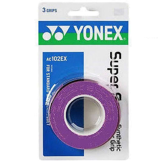 Yonex AC102EX Super Grap Badminton Overgrip - 3 Pack in a vibrant purple shade, perfectly sealed for optimal sweat absorption. The package prominently displays "3 GRIPS" and "FOR STANDARD RACKET" at the top left corner.