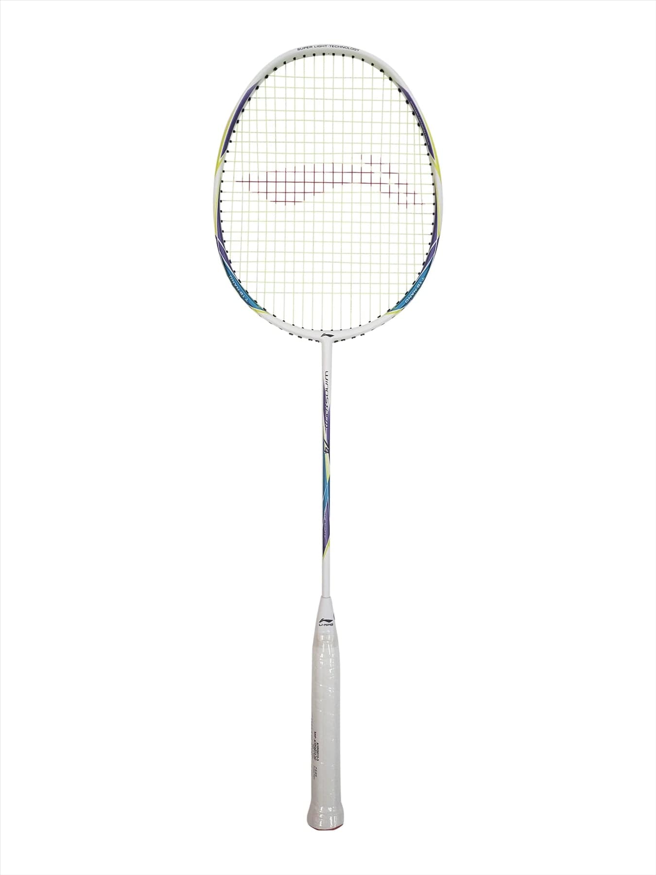 The Li-Ning Windstorm 74 Badminton Racket - White, from the brand Li-Ning, is an ultralight racket with a white handle and black strings, displayed vertically against a plain white background. Its Dynamic-Optimum Frame includes subtle colored accents that improve both aesthetics and performance.