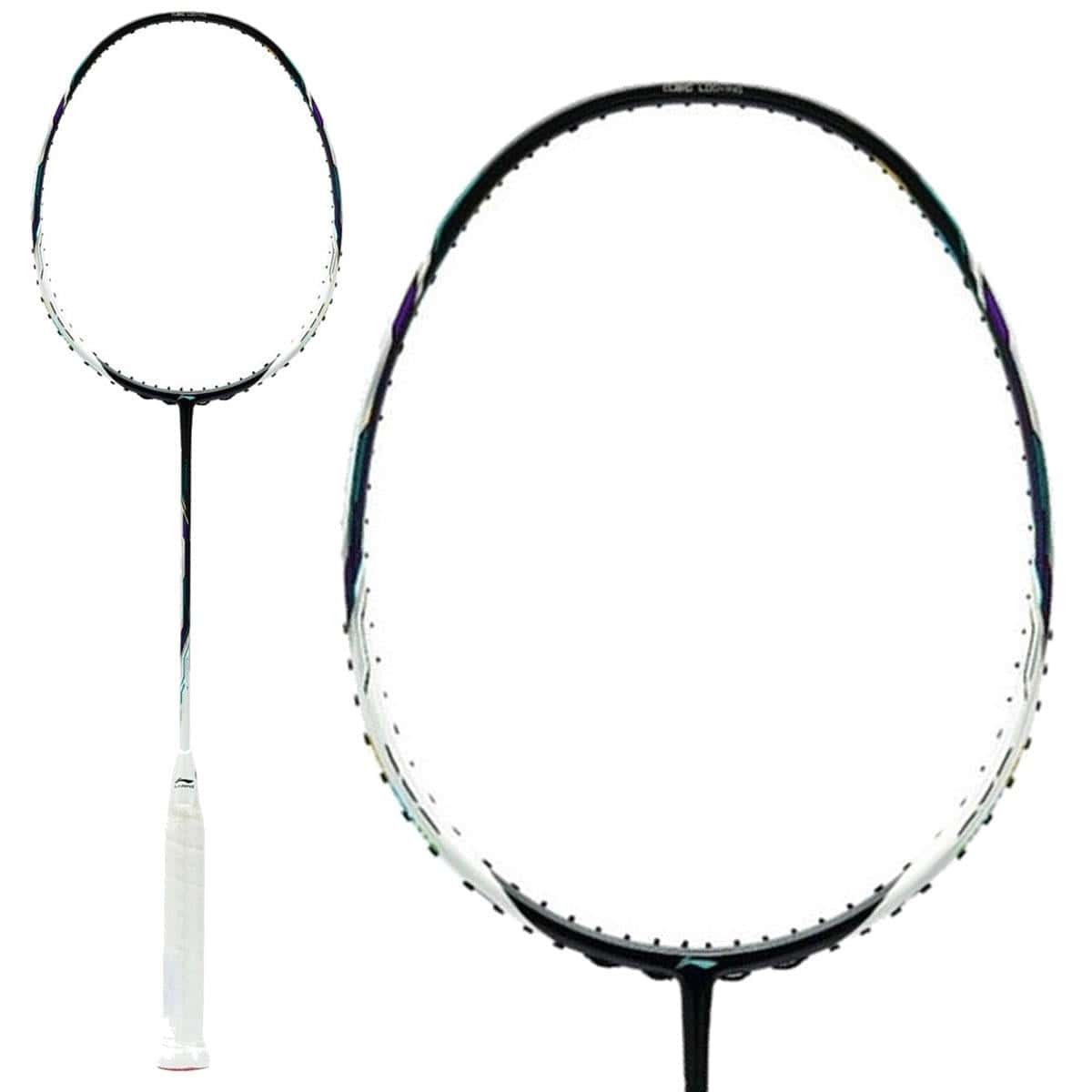 Displayed is the Li-Ning TecTonic 9 4U Badminton Racket with a white grip and a sleek, thin black frame made from T1100G military-grade carbon fiber. The primary racket is shown in full length on the left, with a close-up of the racket head to the right. Notably, it is pictured without strings.