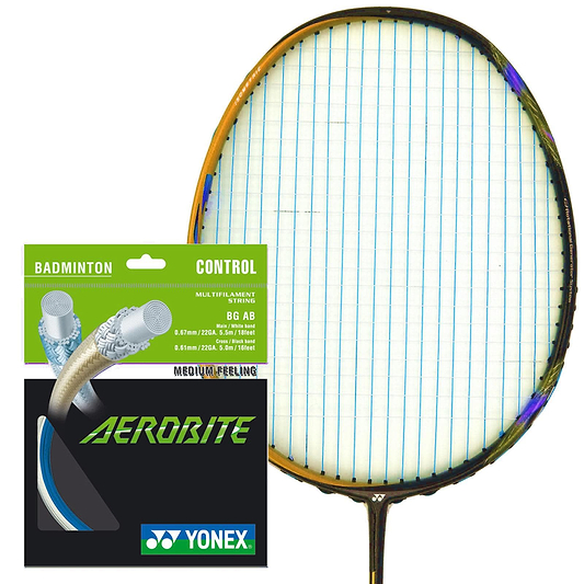 A Yonex badminton racket accompanied by a Yonex AeroBite Badminton String packet in white and blue. The strings, known for their high rotating spin, are packaged with a sleek green and black design that highlights control.