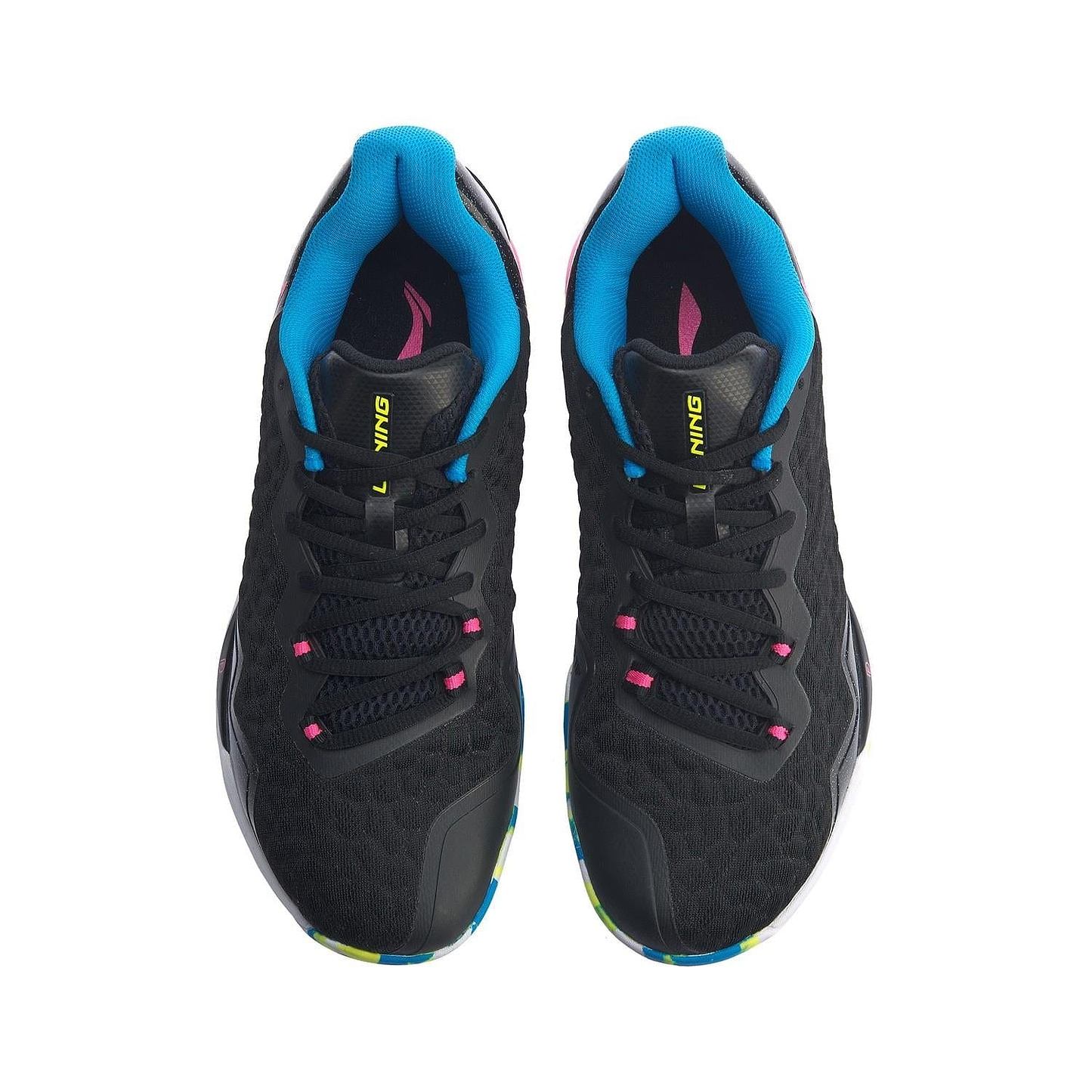 The Li-Ning Dagger II SE Men's Badminton Shoes in black and pink feature a top view showcasing their blue interiors and pink accents on the laces. These sports shoes include multicolored detailing near the toes and are designed with a textured pattern, enhanced by Drive Foam cushioning for optimal performance.