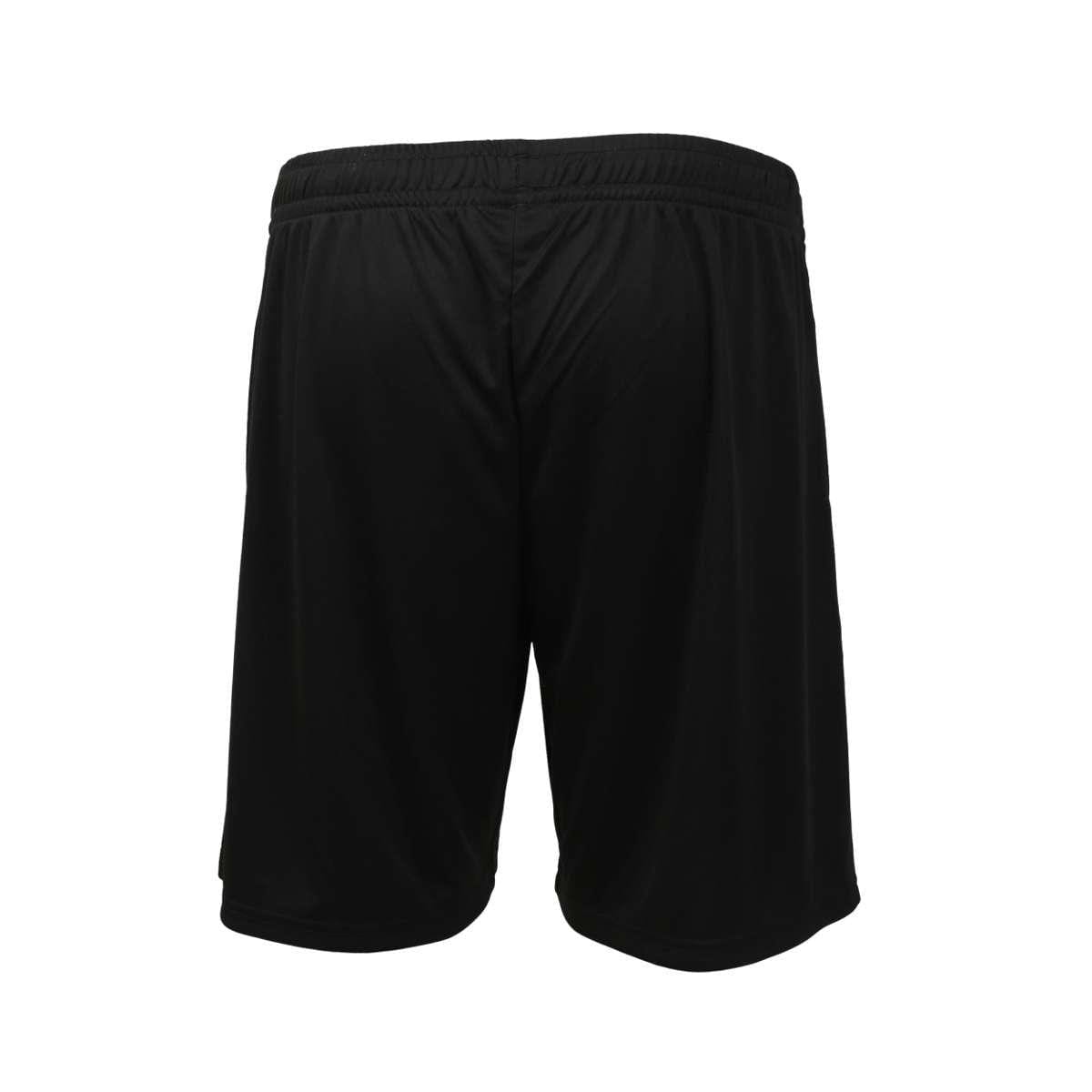 The back view showcases the FZ Forza Landers Junior Badminton Shorts in plain black, featuring an elastic waistband. Made from smooth, lightweight material, these shorts provide excellent breathability, ideal for both sports and casual wear. They are designed to end just above the knee.