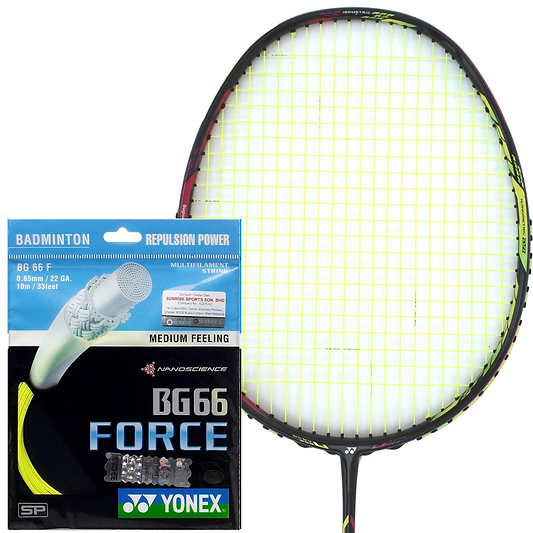 A Yonex badminton racket with yellow strings is showcased next to a 10-meter packet of Yonex BG 66 Force Badminton String in yellow. The packaging highlights the medium feel and remarkable hitting power, thanks to its nylon composite coating, making it perfect for enhancing on-court performance.