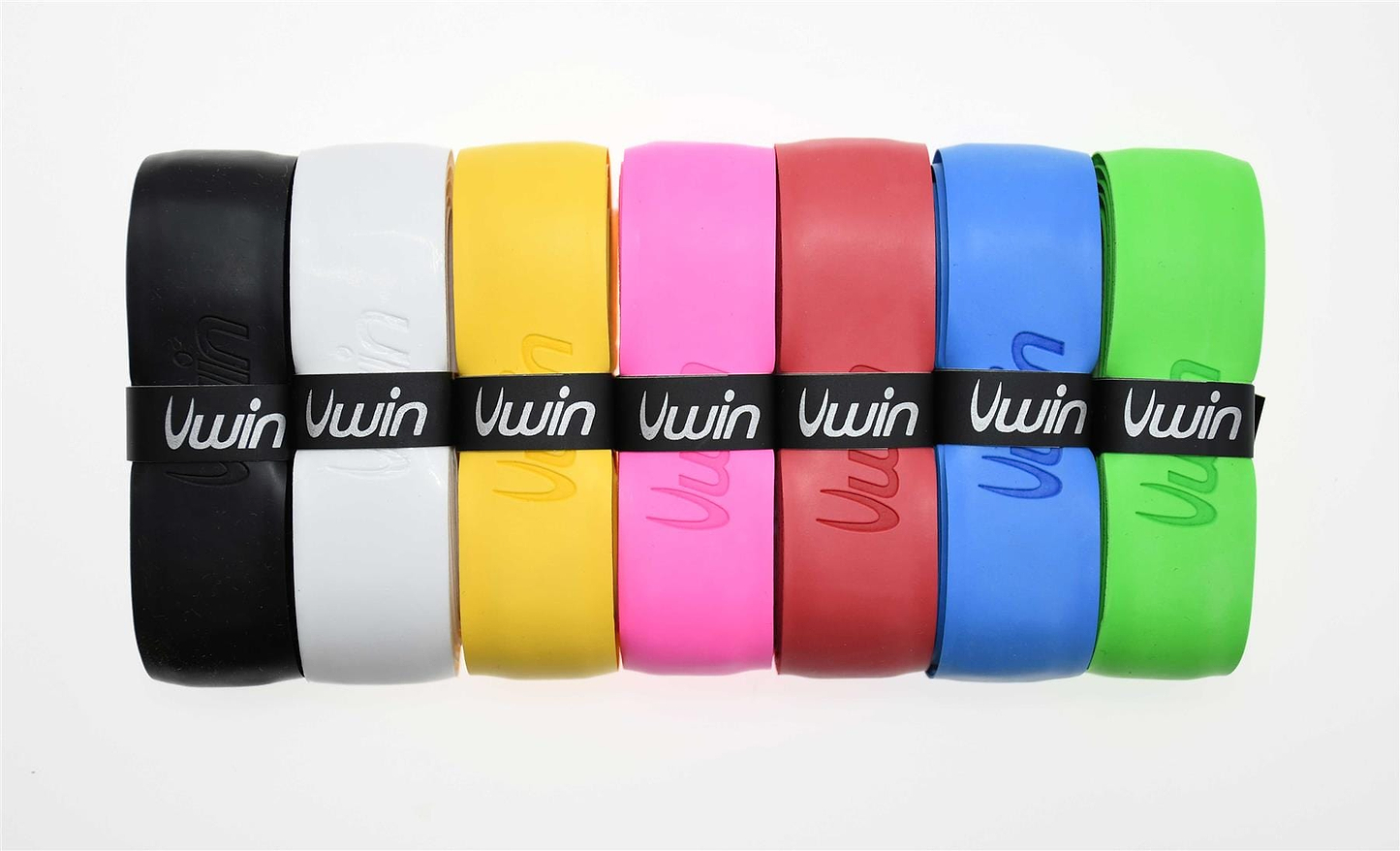 Seven racket grips, available in black, white, yellow, pink, red, blue, and green, are neatly rolled up and lined in a row. Each grip is secured by a black band with the "Uwin" logo on it, making them ideal for replacing the grip on your favorite equipment.