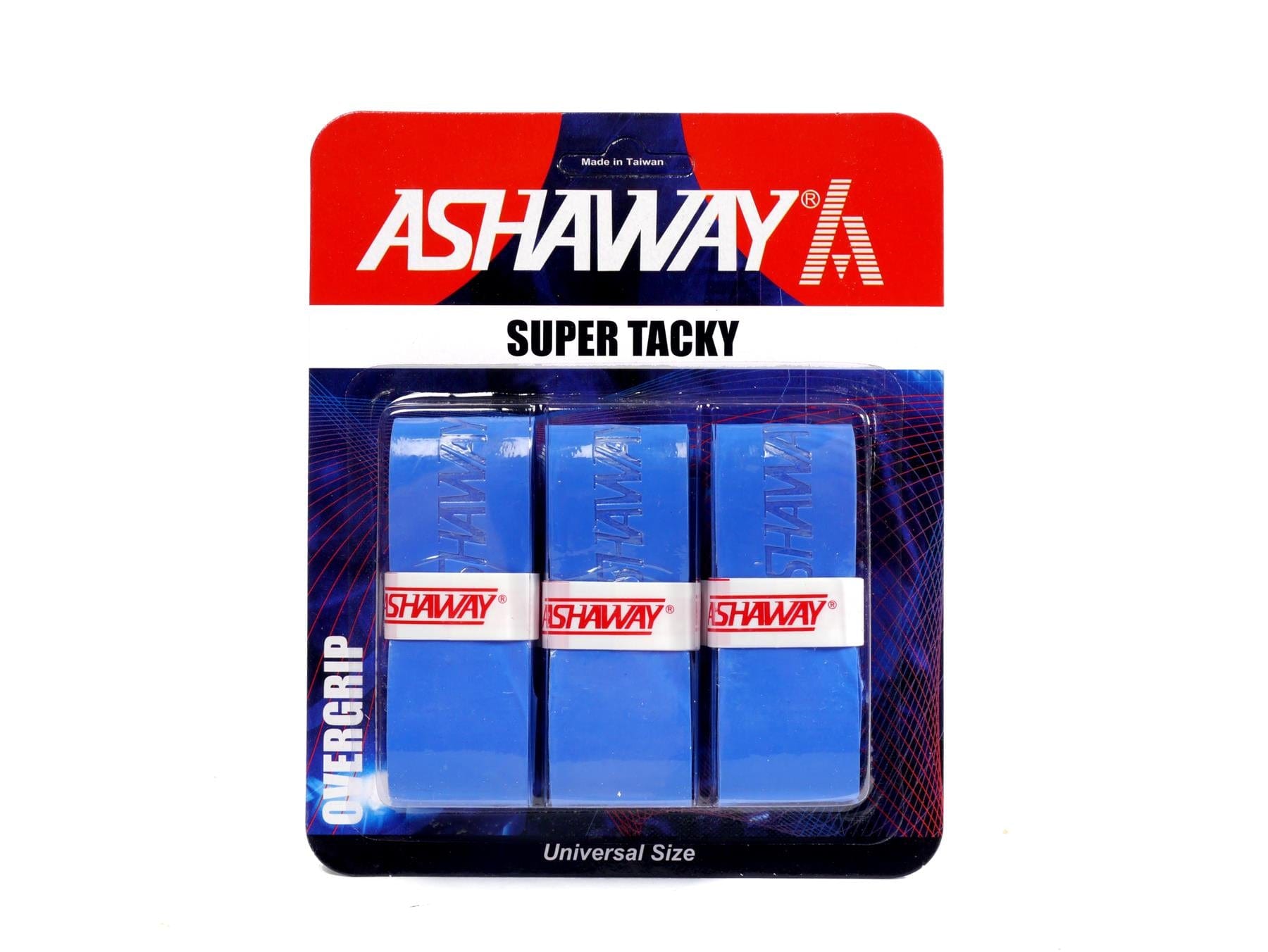 The packaging for the Ashaway Super Tacky Badminton Overgrip - Blue - Set of 3 displays three blue grips with the Ashaway brand name highlighted in red and white on a dark blue background, emphasizing its super tacky grip quality.
