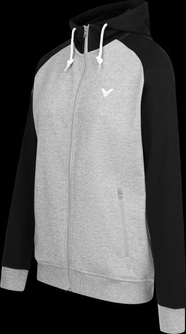 Introducing the Victor Sweater Jacket V-13400 H in Grey and Black by Victor. This stylish sports leisure piece features a small emblem on the chest, a drawstring hood, ribbed cuffs, long sleeves, a front zipper, and convenient side pockets.