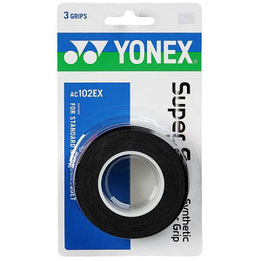 The Yonex AC102EX Super Grap Badminton Overgrip - 3 Pack - Black is expertly designed for standard rackets and boasts excellent sweat absorption, ensuring optimal performance with every swing.