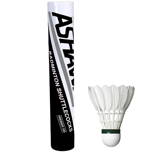 A tube labeled "Ashaway Premier 300 Feather Shuttles" prominently features the bold Ashaway brand name alongside a single shuttlecock, celebrated for its durability and intricate feathered design. Its goose feather construction and cork base are elegantly displayed against a white backdrop.