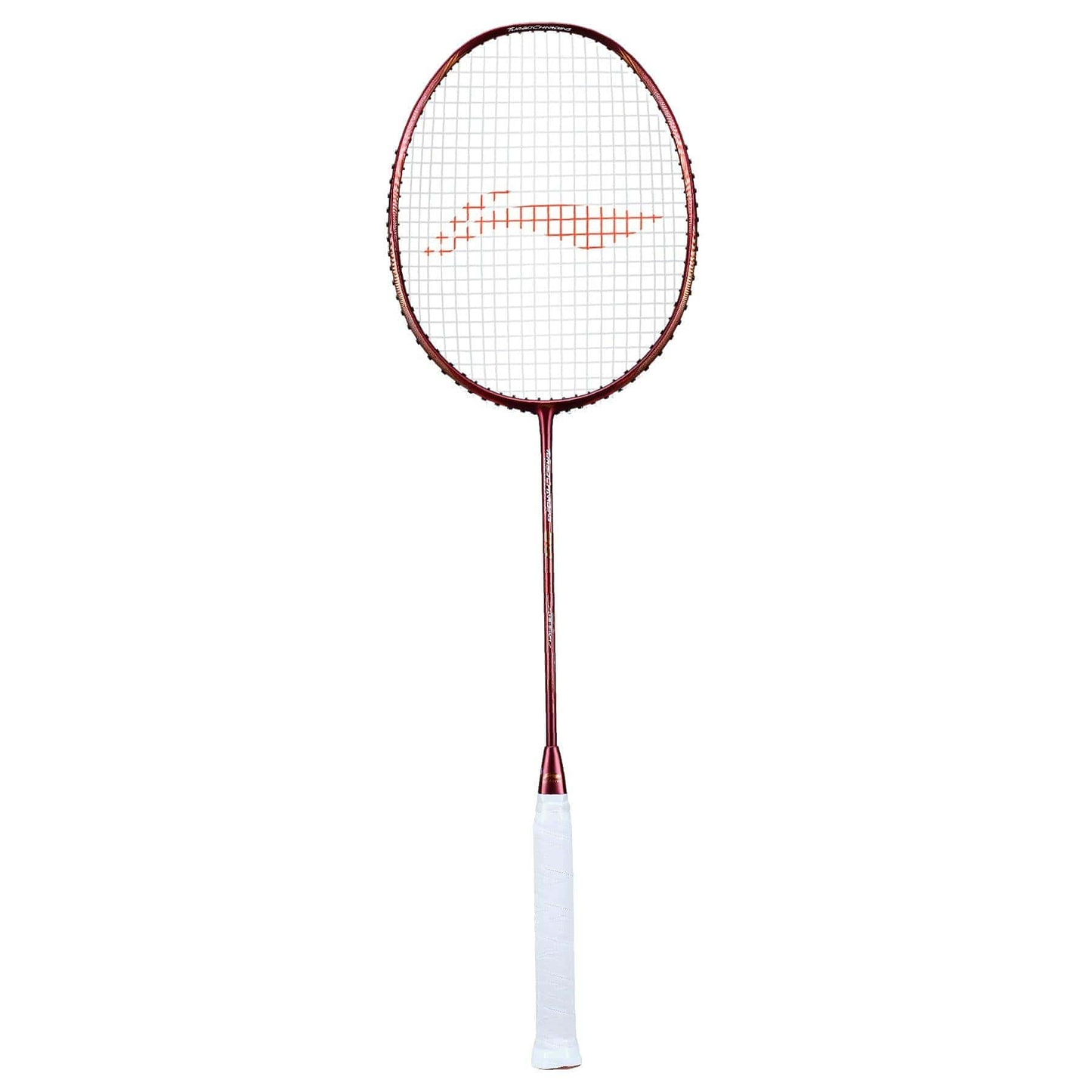 The Li-Ning Turbo Charging 80 Badminton Racket - Red is a high-performance racket with a red frame, white strings, and a white grip handle, engineered for aerodynamic efficiency and showcased against a white background.