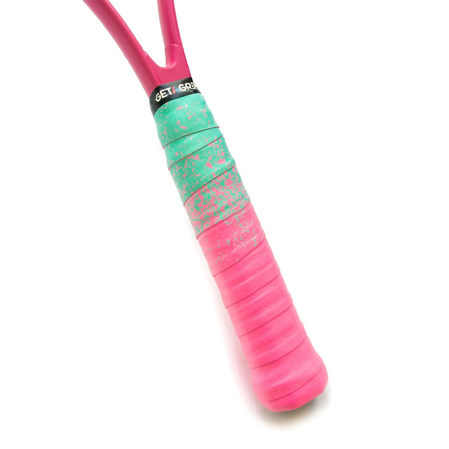 A close-up of the Get A Grip Paint the Lines Pink / Mint Badminton Racket Overgrip showcases its handle wrapped with alternating layers of teal and pink grip tape. This non-slip overgrip, designed by Get A Grip brand, features moisture absorption technology and a small black label with white text. The vibrant colors stand out against the white background.