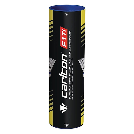 The Carlton F1 Ti White Medium Badminton Nylon Shuttles, packaged in a cylindrical tube of six shuttlecocks, feature a natural cork base and oxygenated titanium for enhanced durability. The packaging sports a sleek black, yellow, and blue design with crisp white text displaying the Carlton branding and product information.