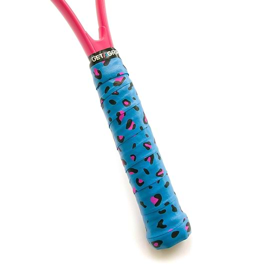 A blue and pink badminton racket overgrip with a non-slip feature from Get A Grip.