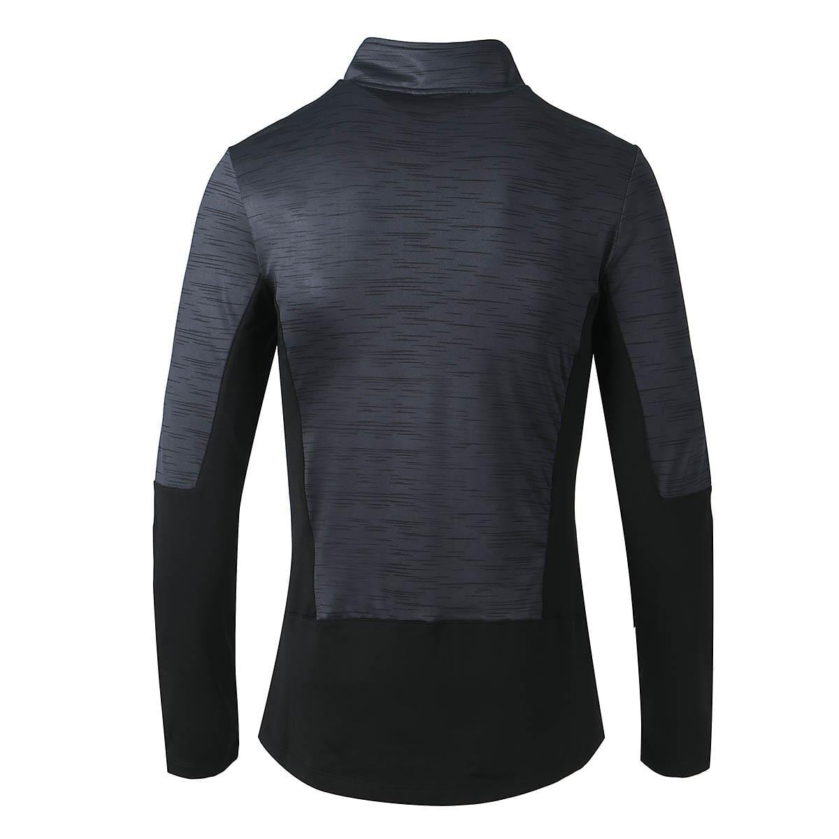 The FZ Forza Savoy Women's Badminton Jacket - Black by FZ Forza is a long-sleeved design with a dark gray and black back view. It incorporates Dryforze technology, featuring a subtle pattern on the upper section, while the lower part and sleeves are solid black. With its stand-up collar and sleek, stretchable fit, this jacket is both stylish and functional.