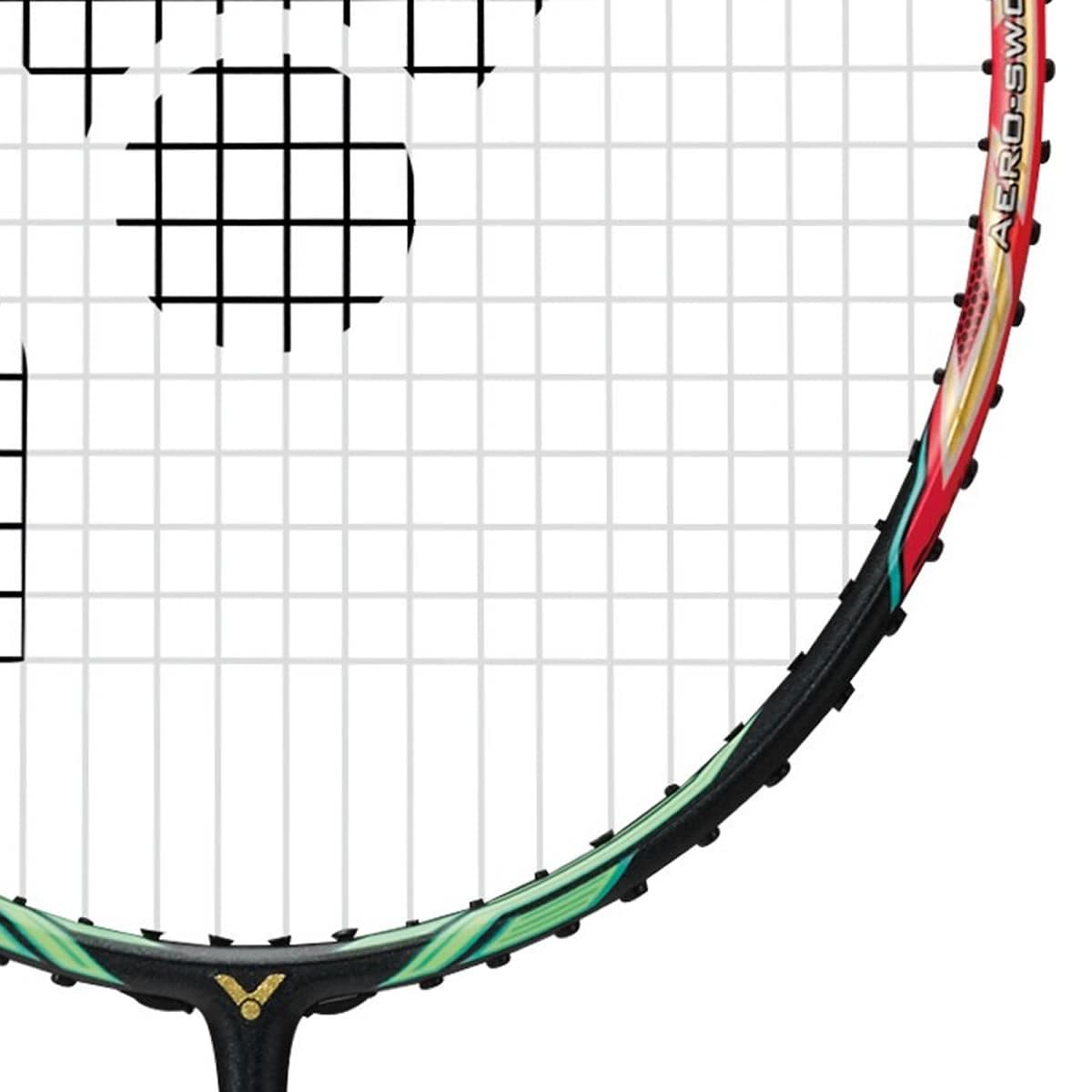 Close-up of the Victor Jetspeed S 10 Q Badminton Racket - Red Black, showcasing a multicolored frame made from Pyrofil Carbon Fibre for lightweight handling. The tightly strung strings form a grid pattern, and the partially visible handle and shaft display a sleek design enhanced by Aero-Sword technology under the renowned Victor brand.