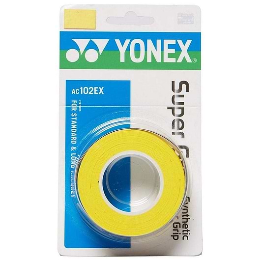 Yonex AC102EX Super Grap Badminton Overgrip, a 3-pack of yellow grips designed for superior sweat absorption, securely packaged.