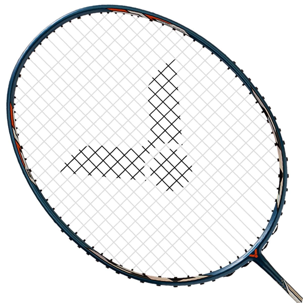 The Victor Auraspeed 98K Badminton Racket in blue, designed for speed, features a dark headlight frame with white strings and prominently displays the Victor logo at the center. It is engineered to deliver powerful offensive shots and is displayed diagonally against a plain white background.