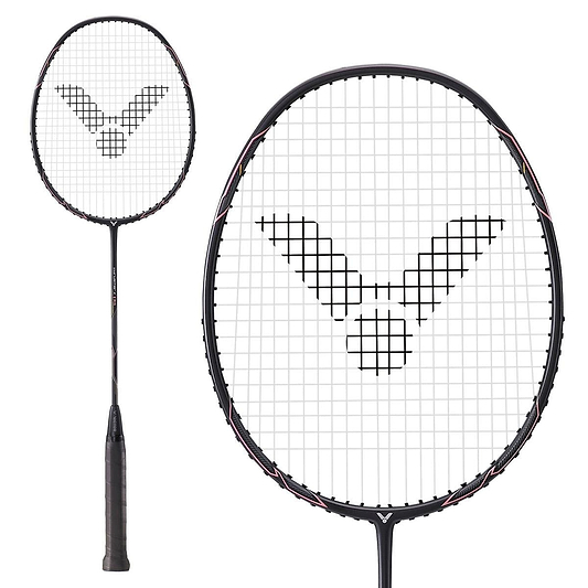 Immerse yourself in the precision of the Victor Thruster K1 H Badminton Racket, featuring a striking black and pink design. Its isometric view and close-up details reveal a sleek frame with intricate string patterns, while the textured handle ensures an enhanced grip for peak performance.