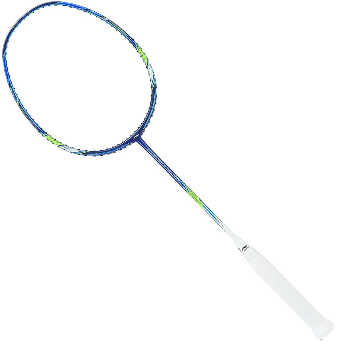 The image showcases the Li-Ning Aeronaut 7000 badminton racket, known for its precise control. Its design features a blue and green color scheme with white accents on the frame, while the handle is wrapped in white grip tape. The racket is displayed against a plain white background.