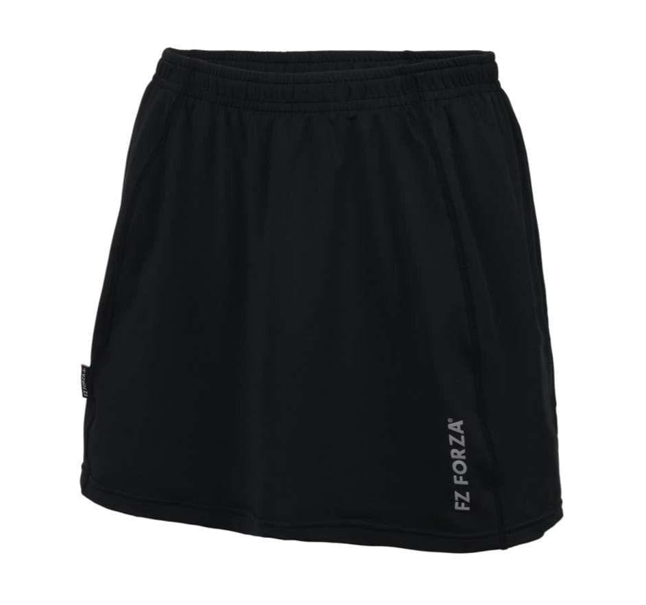 The Forza Zari Girls/Women's Badminton Skort/Skirt by FZ Forza is a sleek black design, featuring "FZ FORZA" in white on the lower right. Equipped with an elastic waistband and integrated tights, it provides both simplicity and functionality ideal for athletic activities.