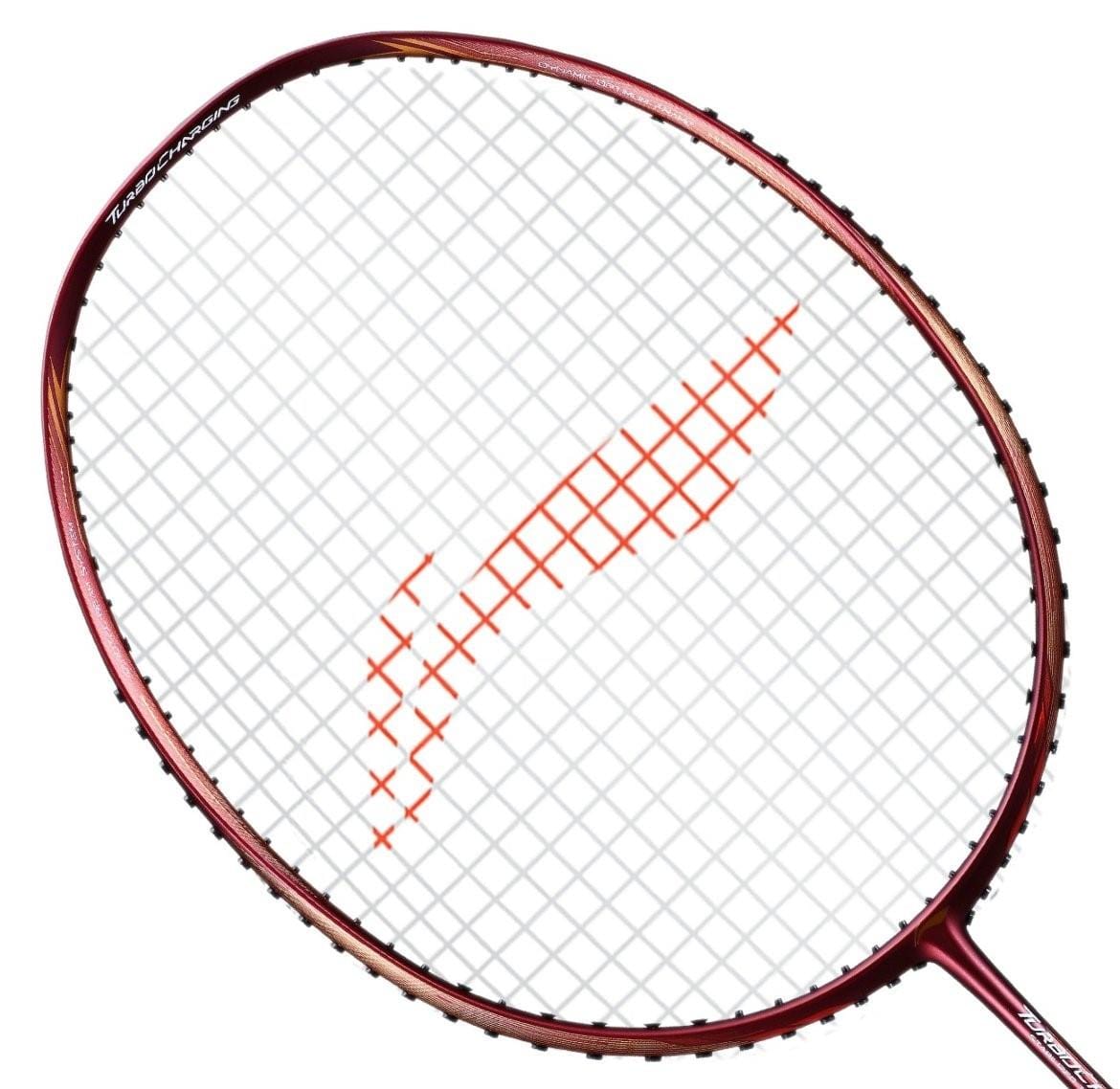 The Li-Ning Turbo Charging 80 Badminton Racket - Red stands out with its red trim and design across the string pattern, offering aerodynamic efficiency thanks to its metallic maroon frame and white strings. Set against a white background, this Li-Ning racket provides enhanced stability for superior gameplay.