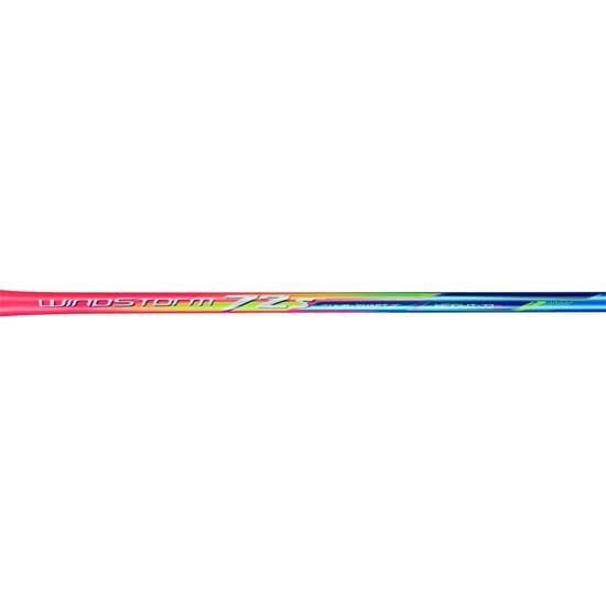Close-up of a vibrant Li-Ning Windstorm 72S badminton racket shaft featuring a gradient design in pink, blue, and yellow hues. The word "Windstorm" is visible on the lightweight shaft, perfect for players who prefer a head heavy balance. The background is plain white.