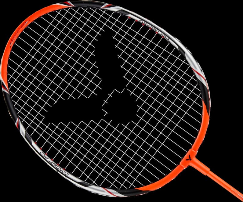 A close-up of the Victor Concept Pro Badminton Racket by Victor, featuring an orange and black frame with white strings, set against a black background. The racket highlights a distinctive design pattern on the strings that underscores its robust construction.