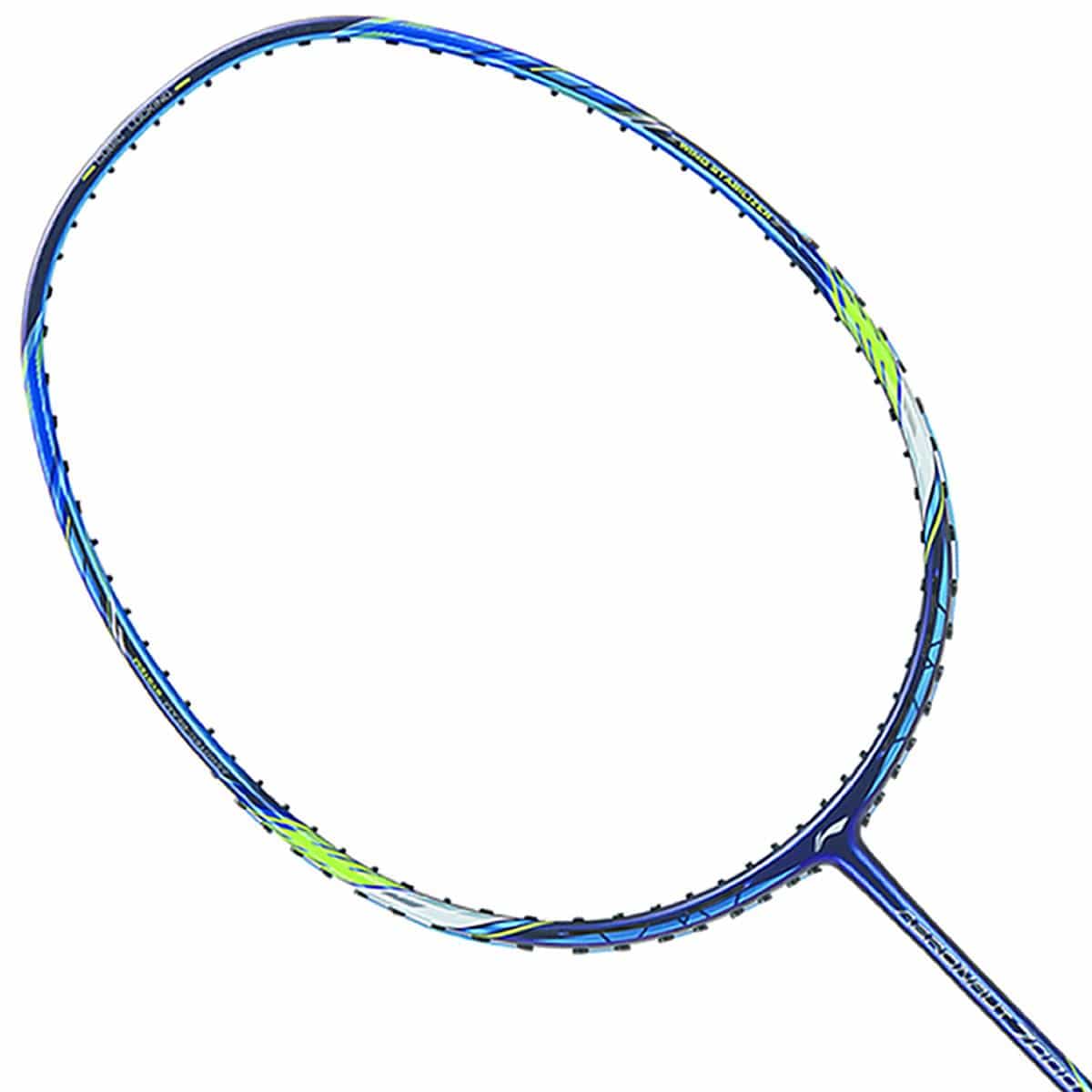 A close-up of the Li-Ning Aeronaut 7000 Badminton Racket - Blue Green highlights its blue, green, and white color scheme. The racket is positioned to display its oval-shaped frame and string pattern against a white background, providing players with precise control on the court.