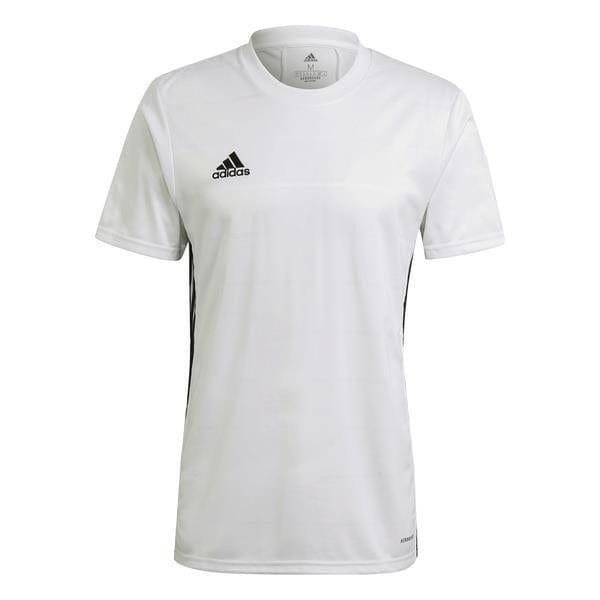 The Adidas Campeon 21 Men's SS Jersey T-Shirt in white highlights the iconic black logo on the right chest. Equipped with moisture-absorbing AEROREADY technology, it features elegant black stripes along the sides and a classic crew neck design for optimal performance both on and off the field.