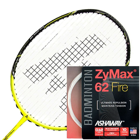 A badminton racket featuring black and yellow accents is displayed next to the Ashaway Zymax 62 Fire Badminton Strings in white, renowned among professional players for their exceptional repulsion and tension maintenance.